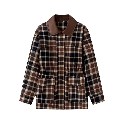 Damen Kariertes Overshirt‑Mantel mit Kunstlederkragen und Taillen‑Tunnelzug Nord Taschen