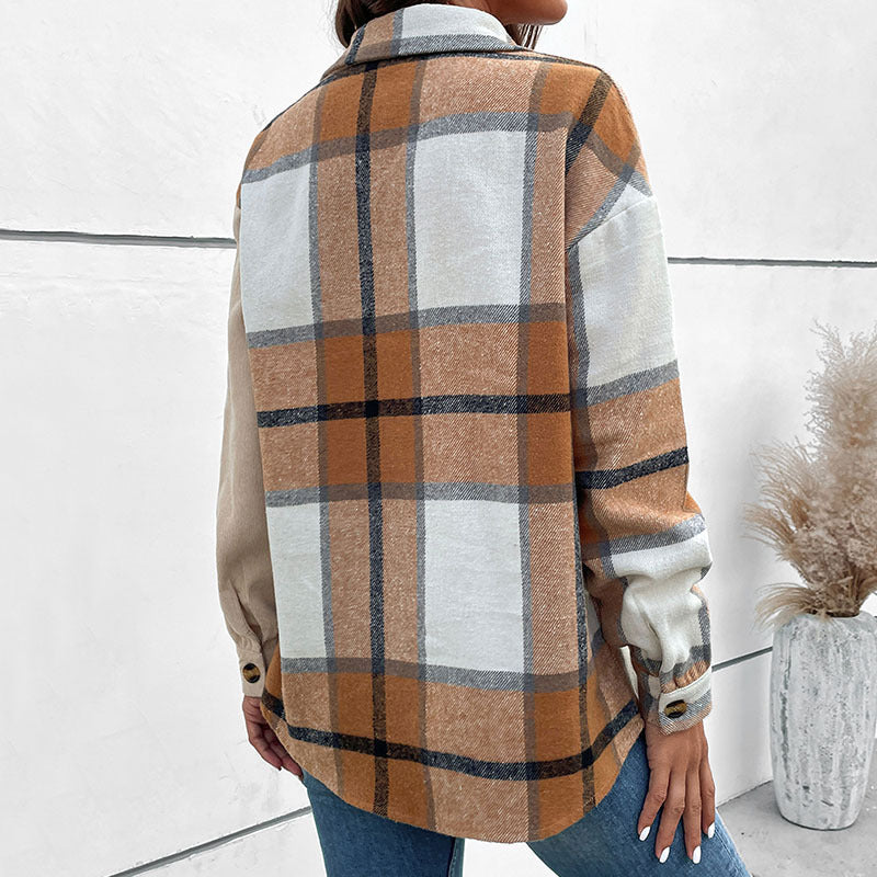 Damen Hemdjacke im zweifarbigen Karo‑ und Cord‑Mix mit Oversize‑Schnitt Nord Taschen