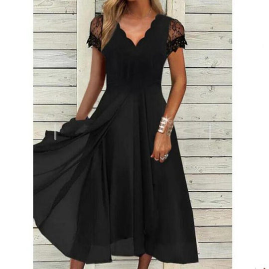 Damen nan fließendes Midikleid mit geschwungenem V-Ausschnitt, taillierter A-Linien-Silhouette und filigranen Spitzenärmeln