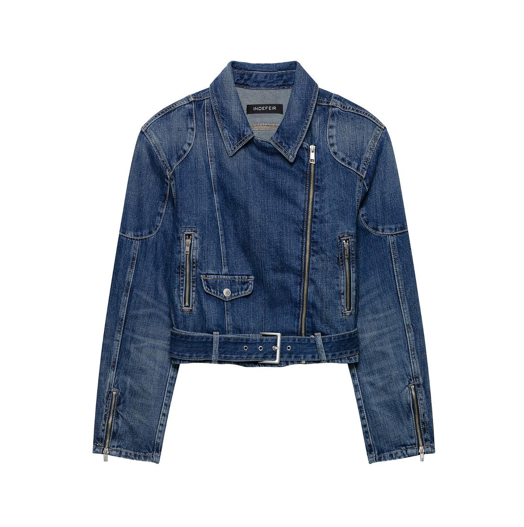 Damen Kurze Denim-Bikerjacke mit Gürtel und asymmetrischem Reißverschluss Nord Taschen
