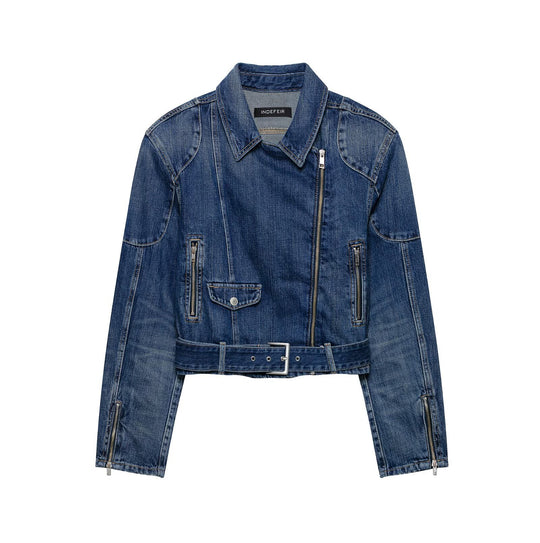 Damen Kurze Denim-Bikerjacke mit Gürtel und asymmetrischem Reißverschluss Nord Taschen