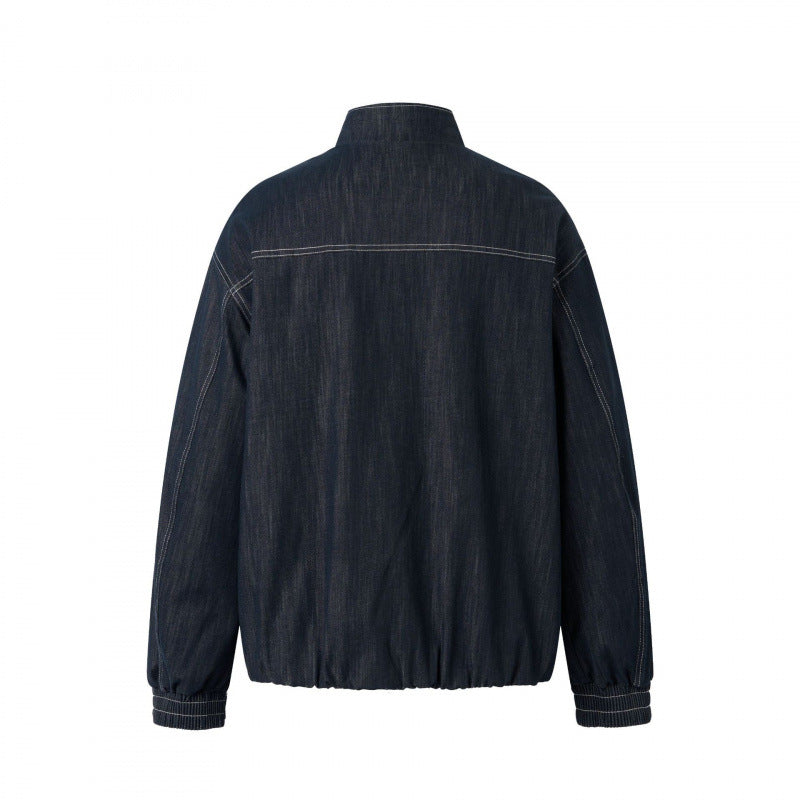 Unisex Kastenförmige Jeans-Blousonjacke mit Stehkragen, Reißverschluss und elastischem Saum Nord Taschen