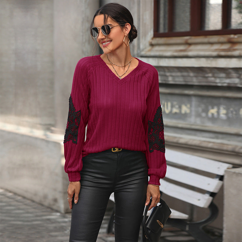 Damen Geripptes Longsleeve mit V‑Ausschnitt, Spitzen‑Einsätzen an den Ellbogen und Ballonärmeln Nord Taschen