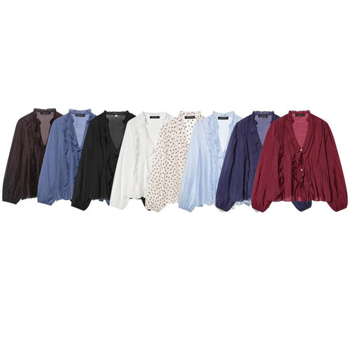 Damen Leichte Chiffon-Bluse mit Volantknopfleiste und Ballonärmeln Nord Taschen