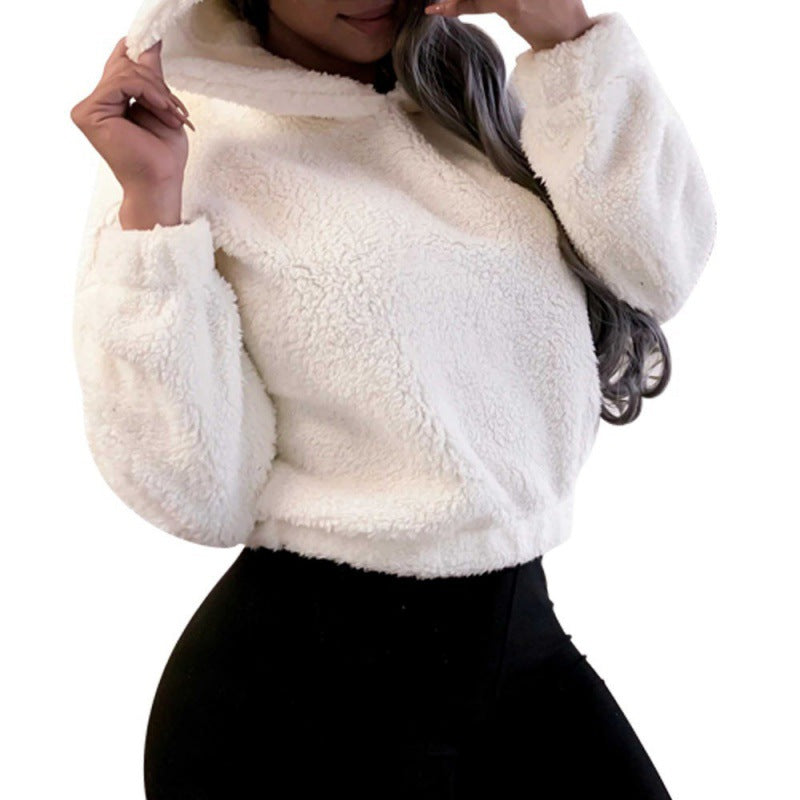 Damen Kurzer Kapuzen‑Sherpa‑Pullover mit Kängurutasche und elastischem Saum Nord Taschen