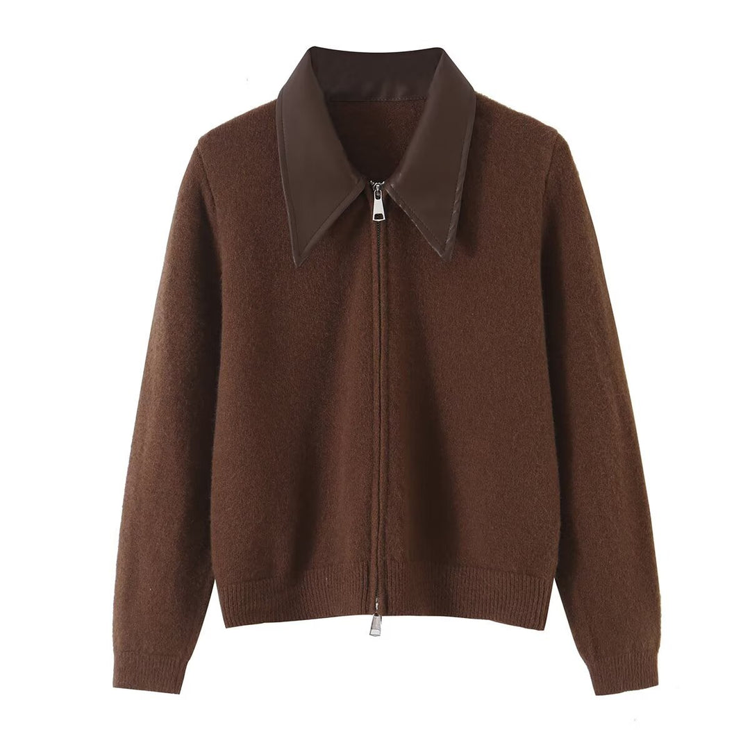 Damen Kurzer Wollmix-Cardigan mit Reißverschluss und kontrastierendem Kunstlederkragen Nord Taschen