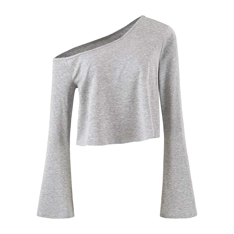 Damen Cropped Off-Shoulder Longsleeve mit ausgestellten Trompetenärmeln aus Jersey Nord Taschen