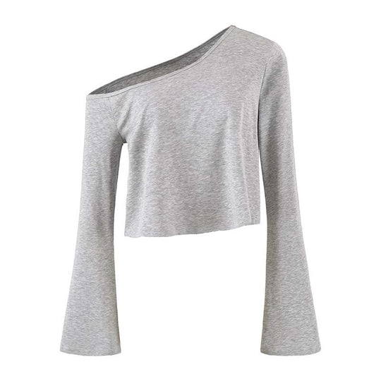 Damen Cropped Off-Shoulder Longsleeve mit ausgestellten Trompetenärmeln aus Jersey Nord Taschen