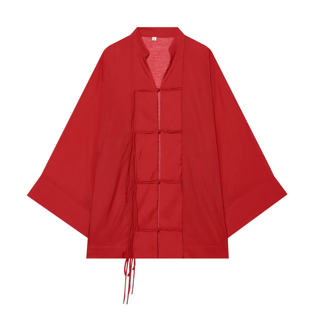 Damen Oversize-Kimonojacke mit Zierknoten und langen Quastenbändern Nord Taschen