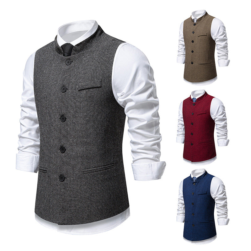 Herren elegante Weste mit Stehkragen und Fischgrätmuster aus Wollmix Nord Taschen