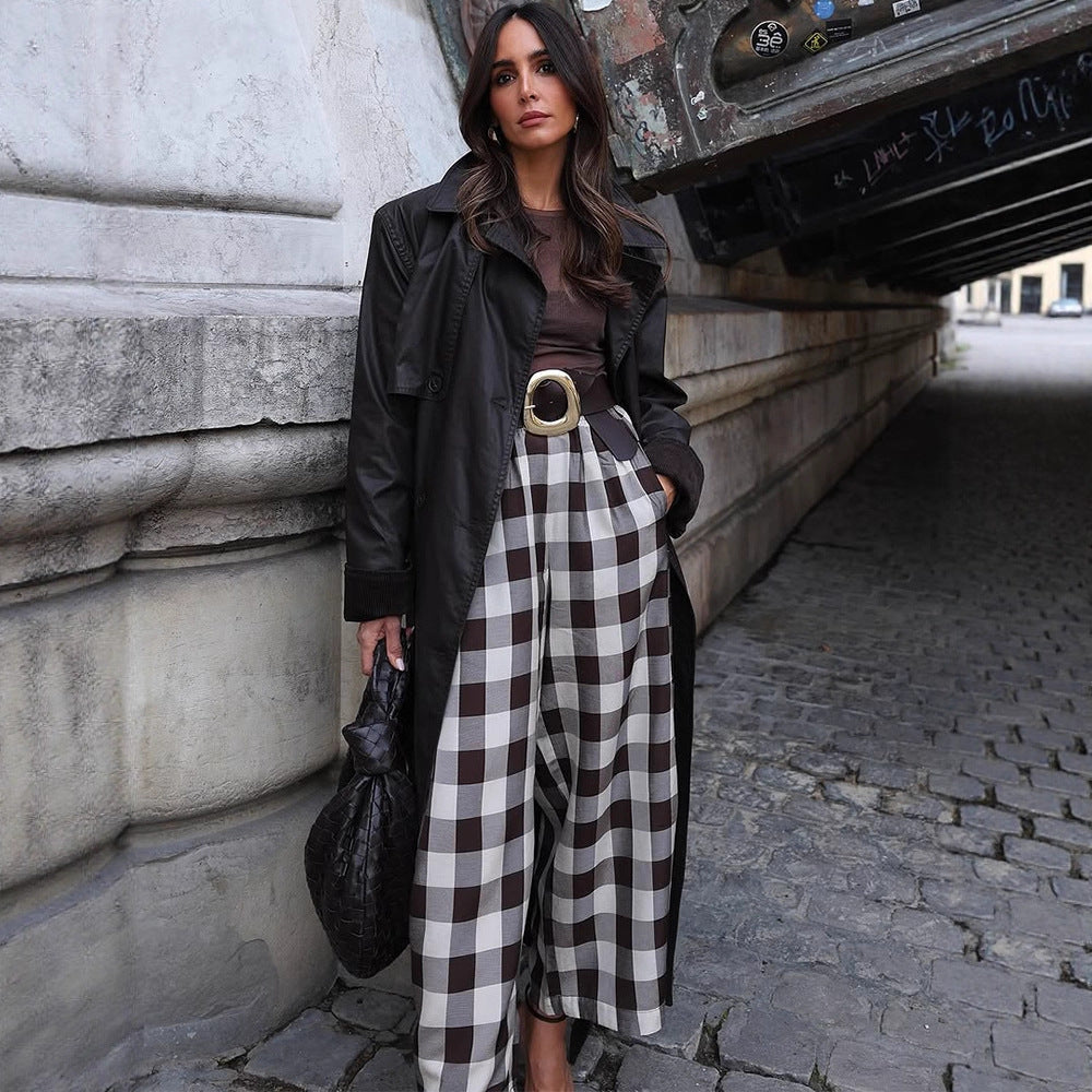 Damen Karo-Hochtaillierte Palazzo-Hose mit weitem Bein & Bundfalten Nord Taschen