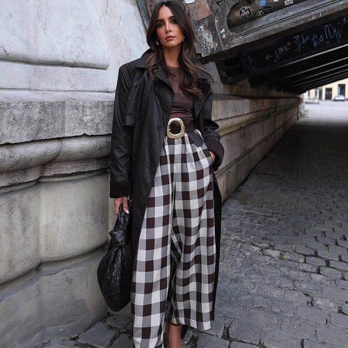 Damen Karo-Hochtaillierte Palazzo-Hose mit weitem Bein & Bundfalten Nord Taschen