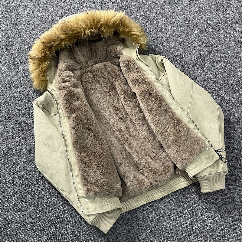 Unisex Wattierte Bomberjacke mit großer Kapuze und Kunstfellbesatz Nord Taschen