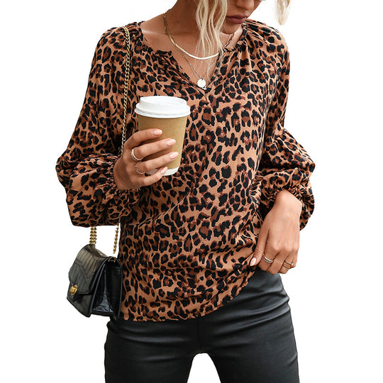 Damen Leopardenprint-Bluse mit V‑Ausschnitt, Ballonärmeln und lockerem Fall Nord Taschen