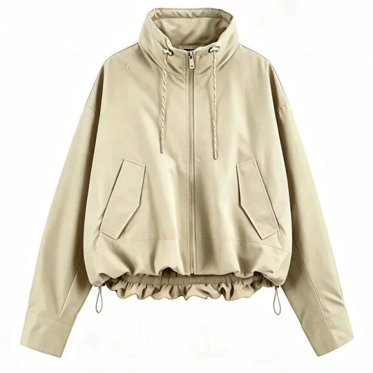 Damen Oversize Cropped Kapuzenjacke mit durchgehendem Reißverschluss, Kordelzug und gerafftem Saum Nord Taschen