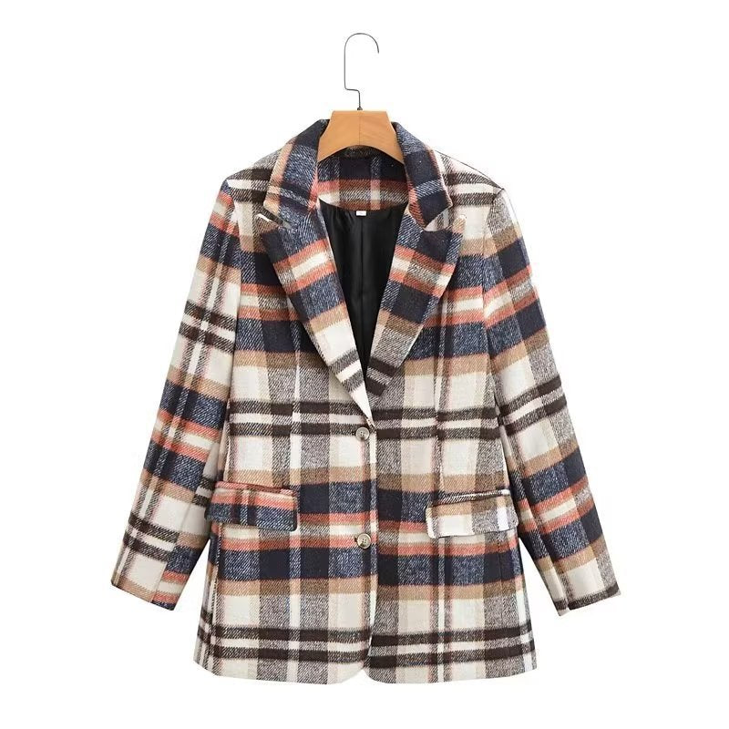 Damen Karierter Wollmix-Einreiher Blazer mit Reverskragen und Pattentaschen Nord Taschen