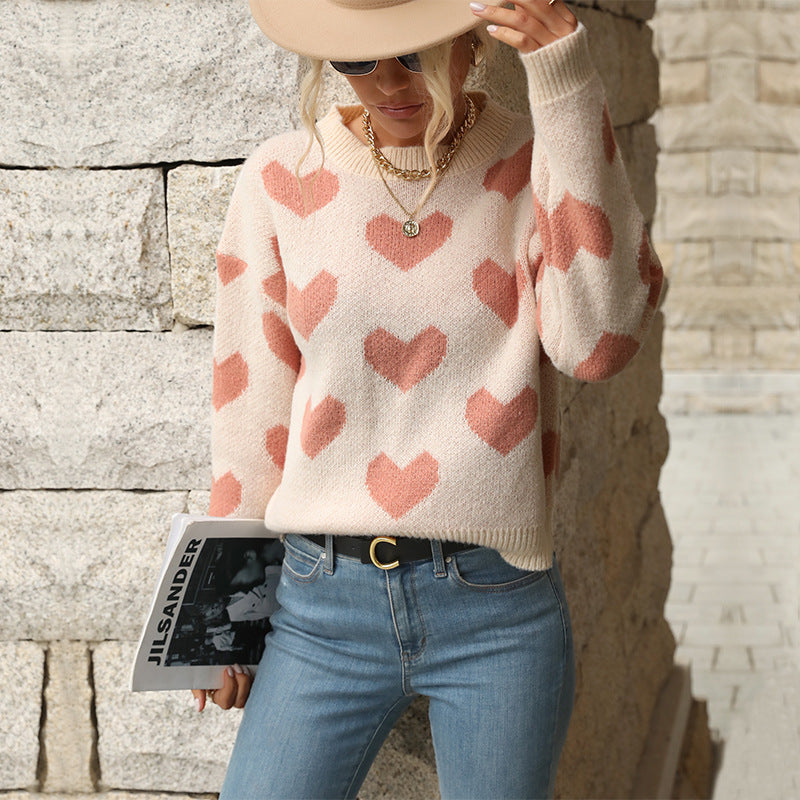 Damen Gemusterter Strickpullover mit Herzmotiven Nord Taschen