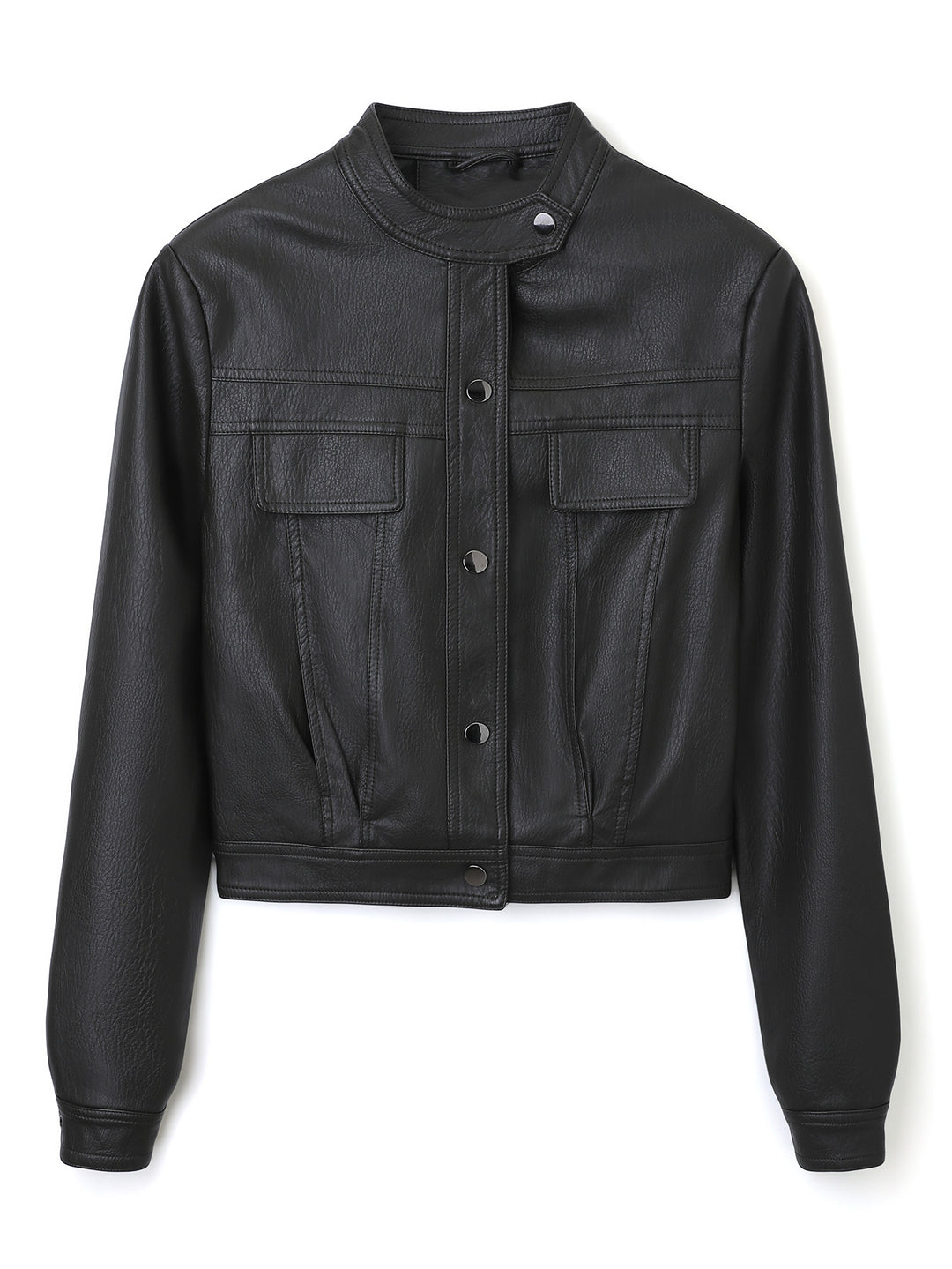 Damen Kurz geschnittene Lederjacke mit Stehkragen und Pattentaschen Nord Taschen