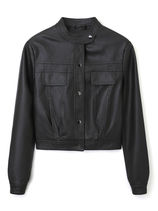Damen Kurz geschnittene Lederjacke mit Stehkragen und Pattentaschen Nord Taschen