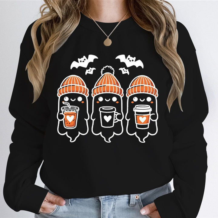 Damen gemütlicher Halloween Grafikpullover mit niedlichen Geist-Motiven, Rundhalsausschnitt und weichem Baumwollmix Nord Taschen