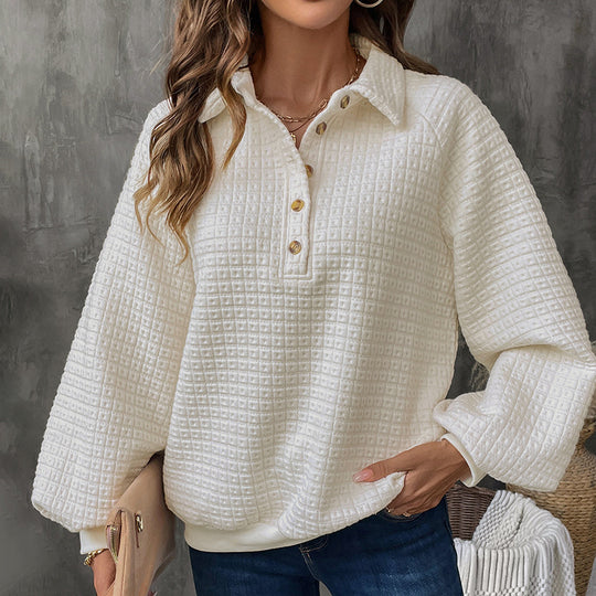 Damen Strukturierter Waffelstrick-Pullover mit Polokragen und Zierknopfleiste Nord Taschen