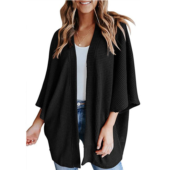 Damen Waffelstrick Offener Kimono-Cardigan mit Fledermausärmeln Nord Taschen