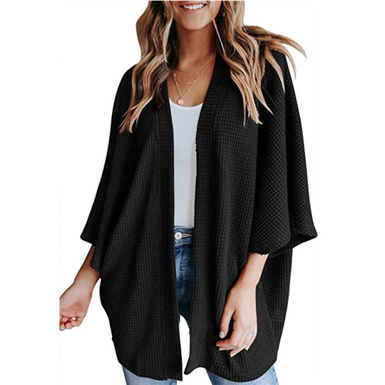Damen Waffelstrick Offener Kimono-Cardigan mit Fledermausärmeln Nord Taschen
