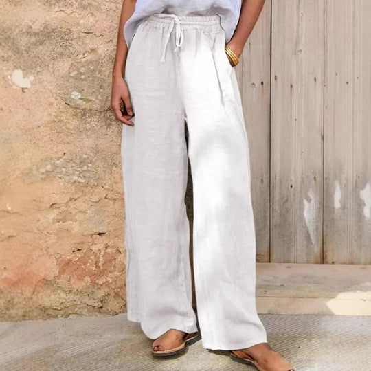 Damen Hochgeschnittene Leinenpalazzo-Hose mit Kordelzug und weitem Bein Nord Taschen