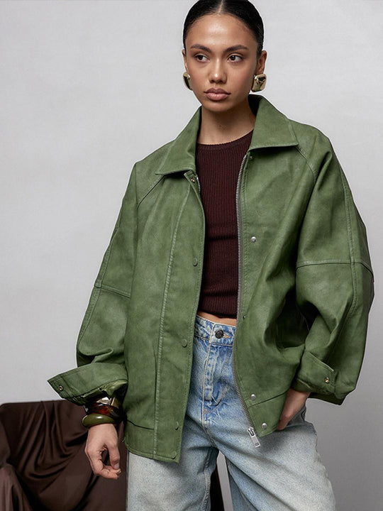 Damen Oversize-Lederimitatjacke im Boxy-Cut mit Raglanärmeln und Zweiwege-Reißverschluss Nord Taschen