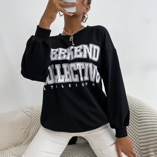 Damen Oversize Sweatshirt mit College-Print und Rundhalsausschnitt Nord Taschen