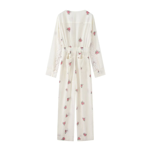 Damen Langer Jumpsuit mit Blumenprint, V-Ausschnitt, Reißverschluss und Tunnelzug Nord Taschen