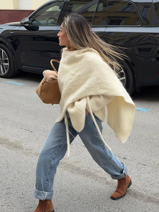 Damen Oversize Wollmix-Poncho mit asymmetrischem Fall und Bindebändern Nord Taschen