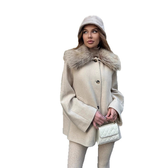 Damen Kurzmantel mit Webpelz-Schalkragen & kastiger Oversize-Silhouette Nord Taschen
