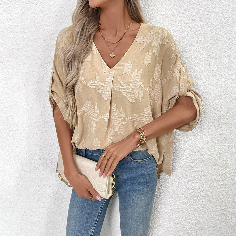 Damen Modische Bluse mit V-Ausschnitt und floralen Applikationen Nord Taschen