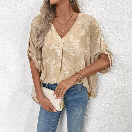 Damen Modische Bluse mit V-Ausschnitt und floralen Applikationen Nord Taschen
