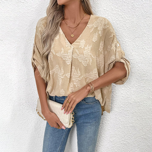 Damen Modische Bluse mit V-Ausschnitt und floralen Applikationen Nord Taschen