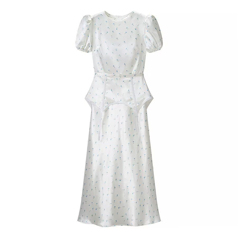 Damen Midikleid aus Satin mit Puffärmeln, integrierter Korsagen-Peplum und zartem Blumenprint Nord Taschen