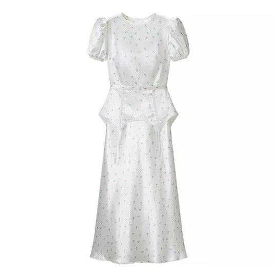 Damen Midikleid aus Satin mit Puffärmeln, integrierter Korsagen-Peplum und zartem Blumenprint Nord Taschen
