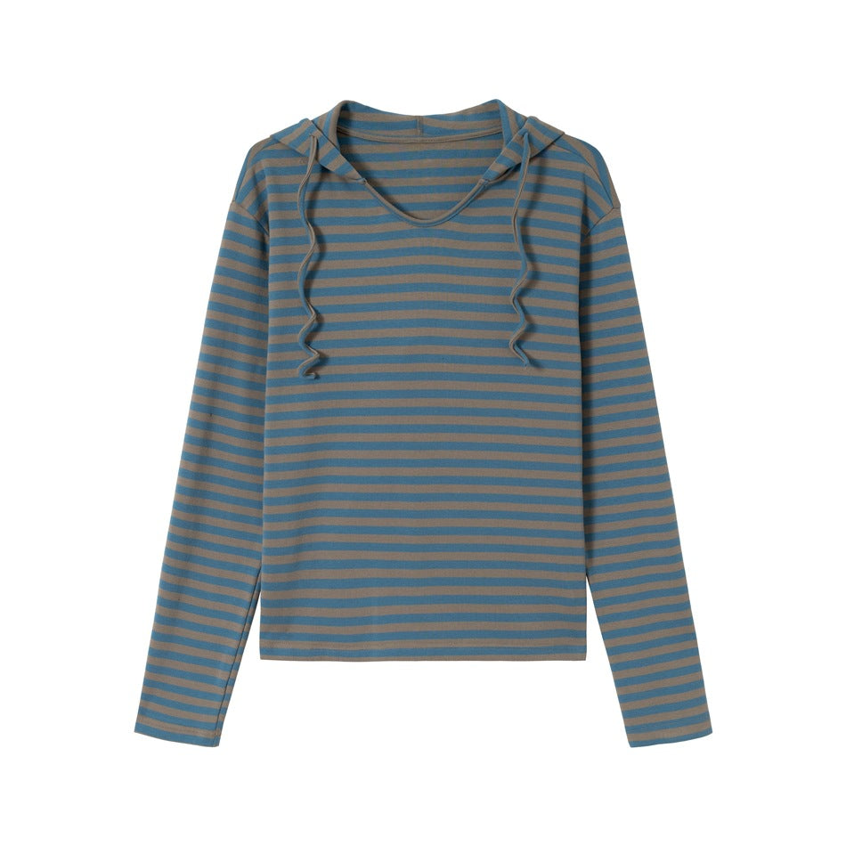 Damen Gestreiftes Langarm-Hoodie-Shirt mit V‑Ausschnitt und Kapuzenband Nord Taschen