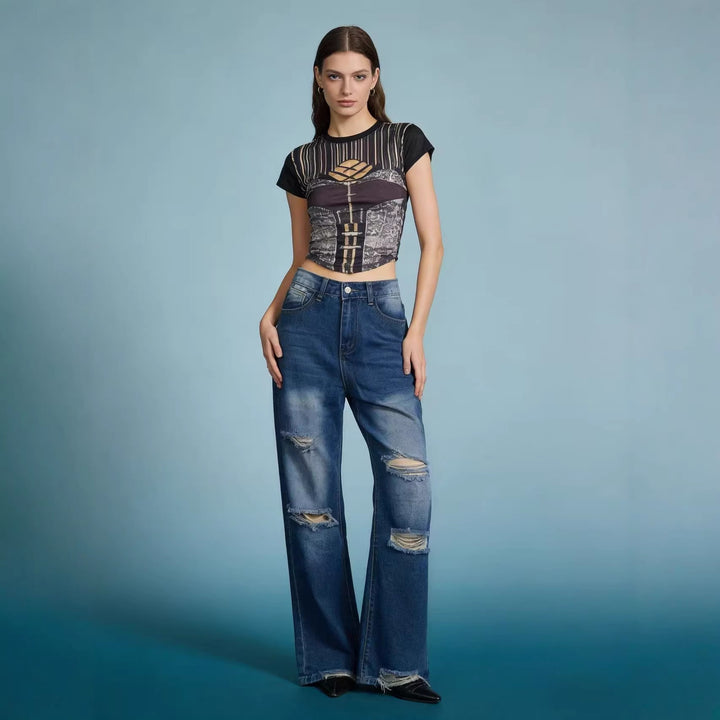 Damen hochgeschnittene Relaxed-Jeans mit weitem Bein, Knie-Rips und rohem Saum Nord Taschen
