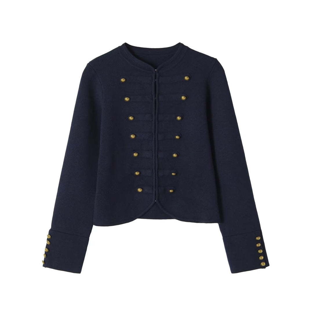 Damen Kragenloser, kurzgeschnittener Offiziersblazer mit goldenen Zierknöpfen Nord Taschen