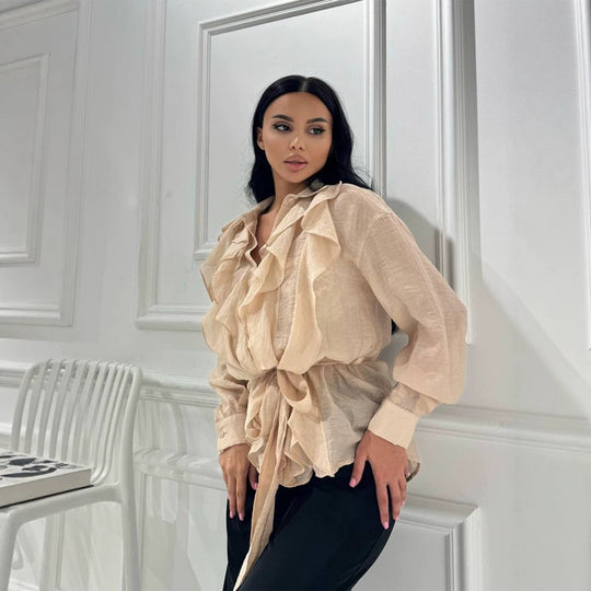 Damen Rüschige Chiffon‑Bluse mit Bindegürtel und Volants Nord Taschen