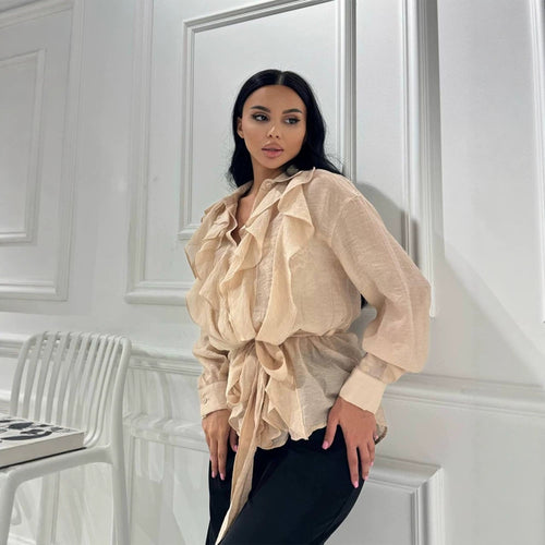 Damen Rüschige Chiffon‑Bluse mit Bindegürtel und Volants Nord Taschen
