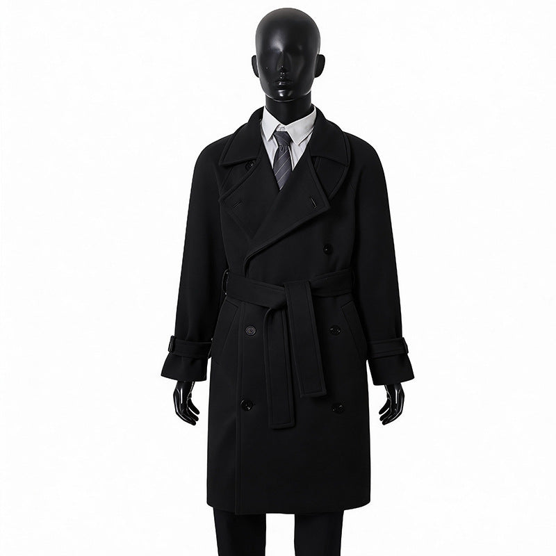 Herren Eleganter Mantel im Longcoat‑Stil aus Wollmix mit Doppelreihe, taillierendem Bindegürtel und dekorativer Schulterpasse Nord Taschen