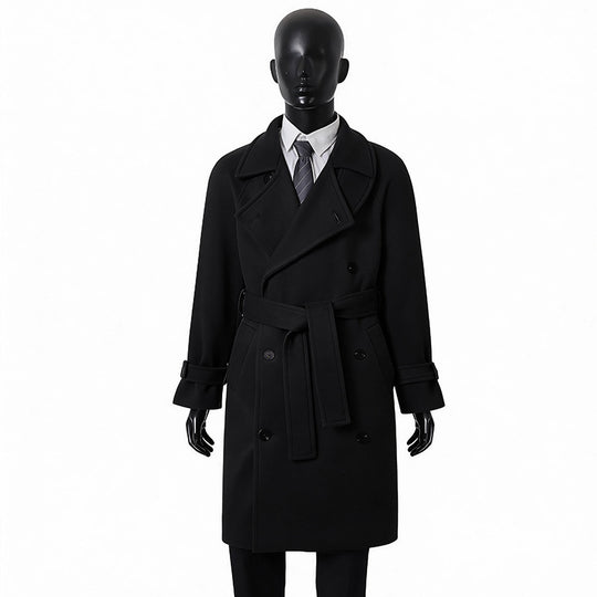 Herren Maxilanger Doppelreihiger Wollmix-Mantel mit hohem Stehkragen, Taillengürtel und verstellbaren Manschettenriemen Nord Taschen