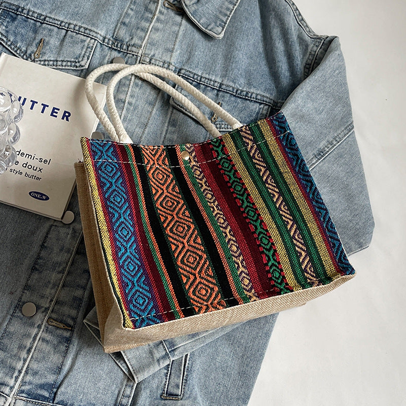 Damen Jute-Tragetasche mit buntem Muster und stabilen Baumwollgriffen Nord Taschen