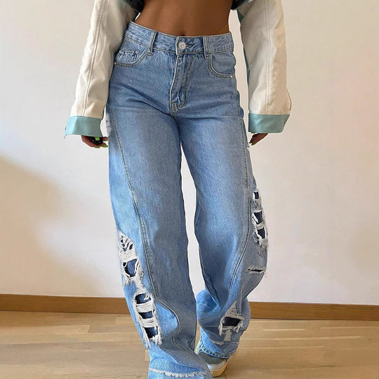 Damen weite Destroyed-Jeans mit seitlichen Cutouts und kontrastierten Unterlagen Nord Taschen
