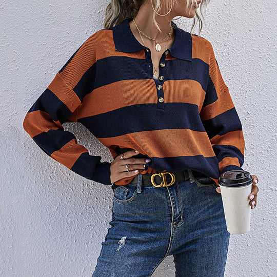 Damen Gestreifter Polokragen-Strickpullover mit Reihenknopfleiste Nord Taschen