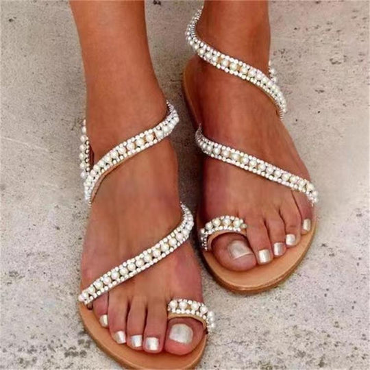 Damen Glamouröse und elegante Zehentrenner-Sandalen mit Perlenschmuck