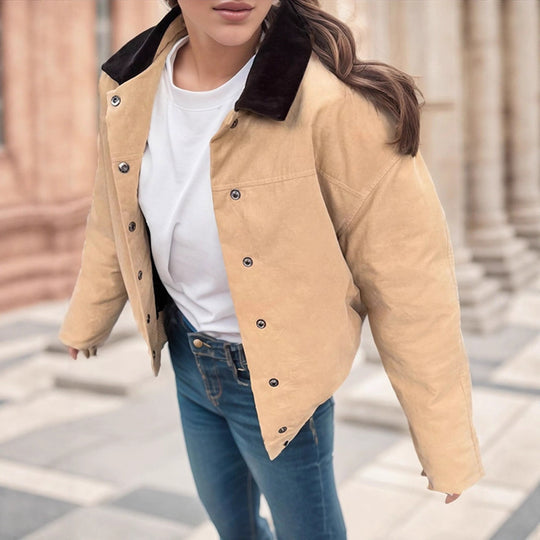 Damen Kurzer Cord-Workwear-Blouson mit Kontrastkragen Nord Taschen